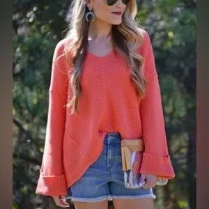 Free People La Brea V-Neck Oversized Cotton Sweater / Coral / XS (fits S/M)